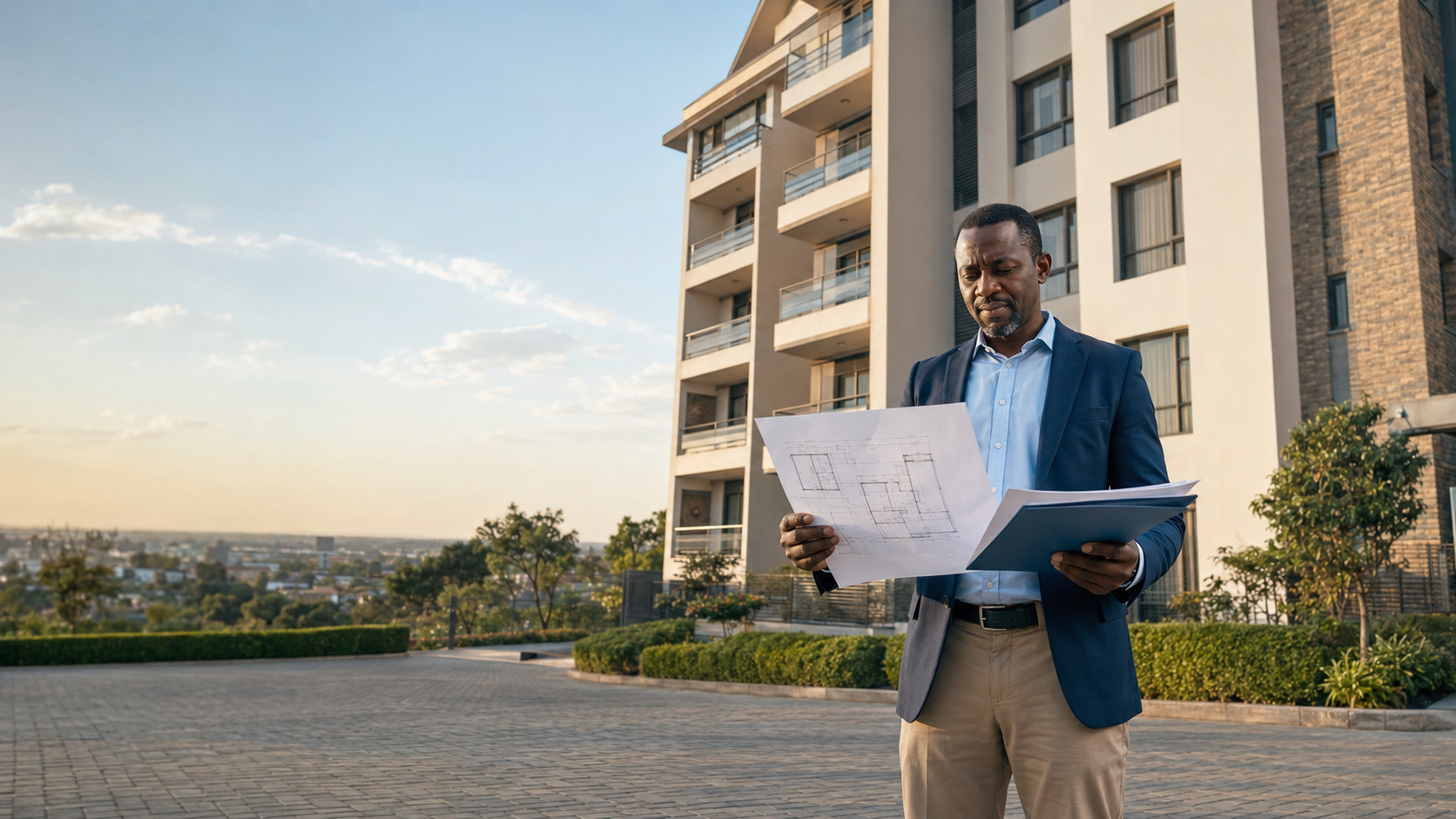 Kenyan property owner reviewing plans outside a modern apartment building