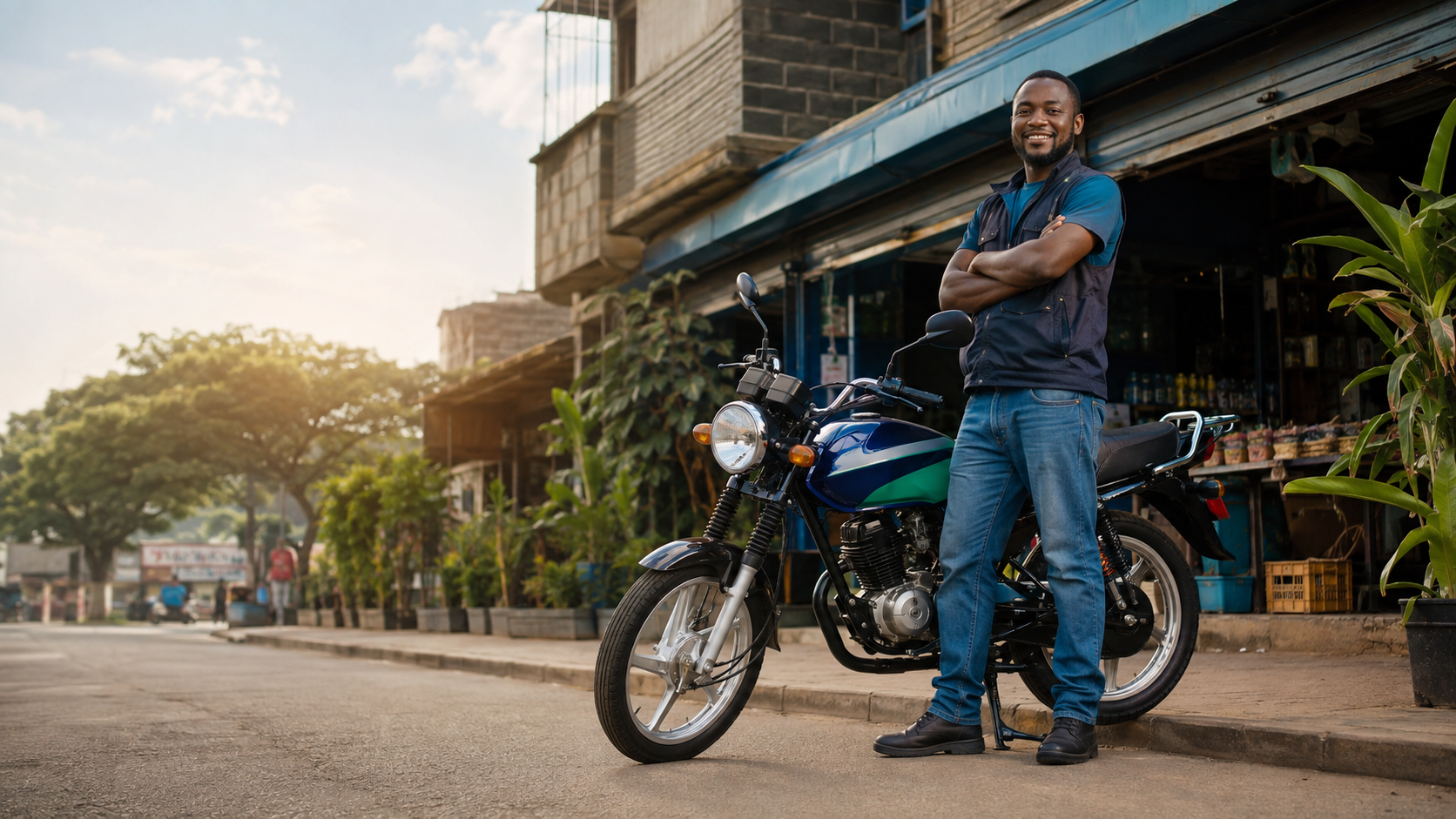 Kenyan business owner standing beside a motorcycle financed through Umoja Magharibi